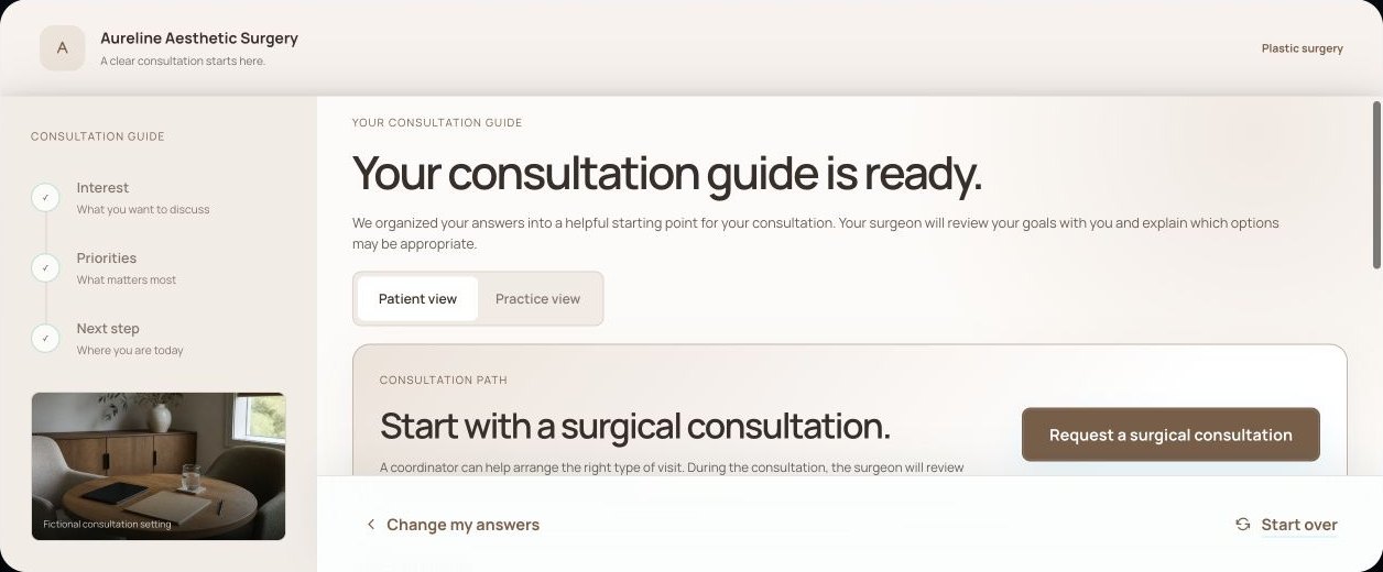 Aesthetic appointment preview showing a consultation request and practice handoff
