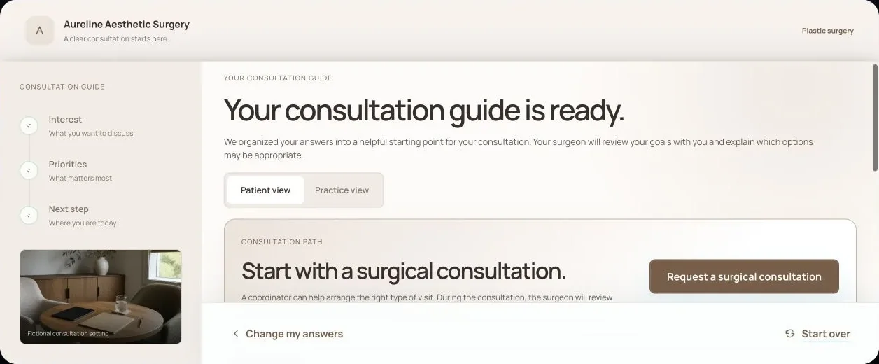 Aesthetic appointment preview showing a consultation request and practice handoff