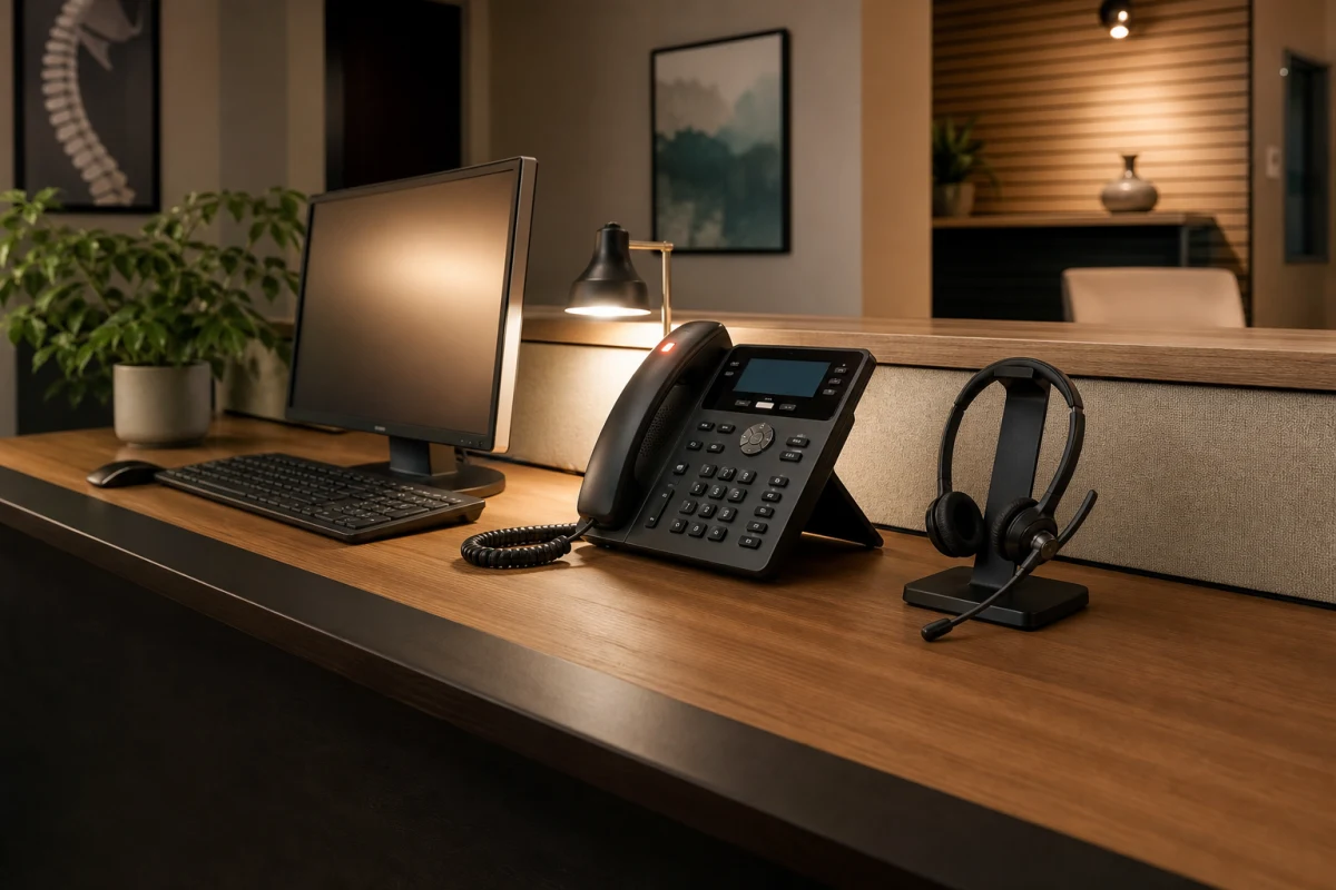 Concept image of an after-hours healthcare reception desk with a phone and headset ready for incoming calls