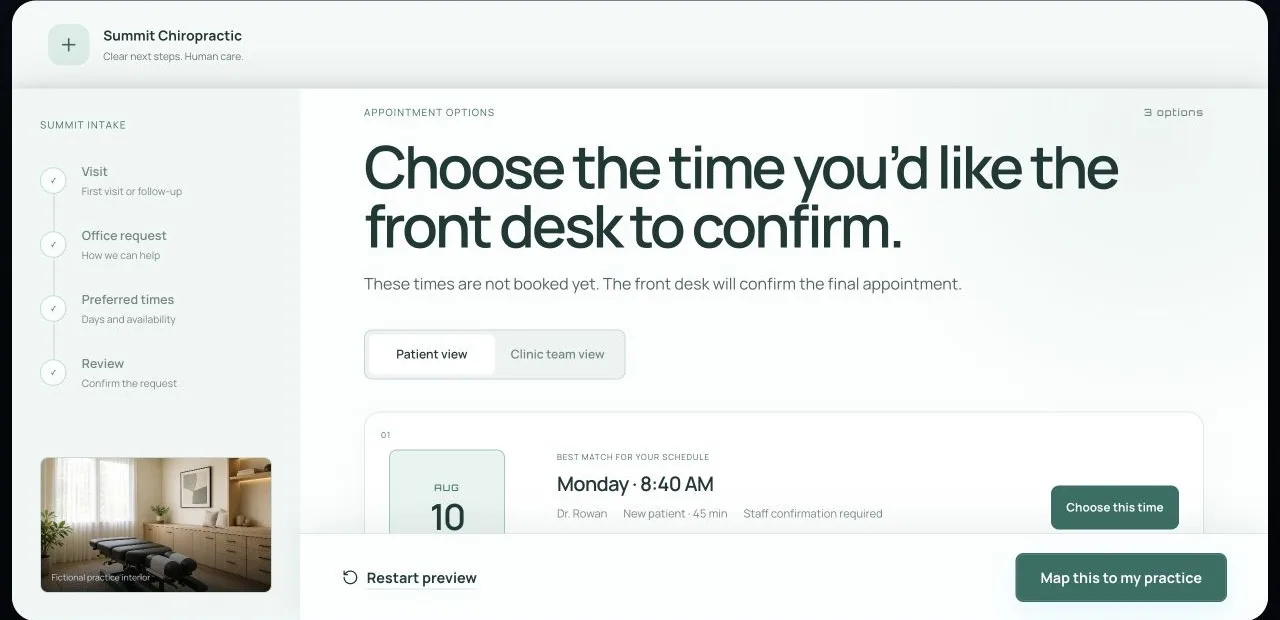 New Patient Concierge results with the completed progress rail, appointment options, and preview actions