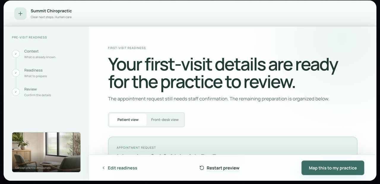 Pre-Visit Readiness results with the completed progress rail, patient next steps, and front-desk actions