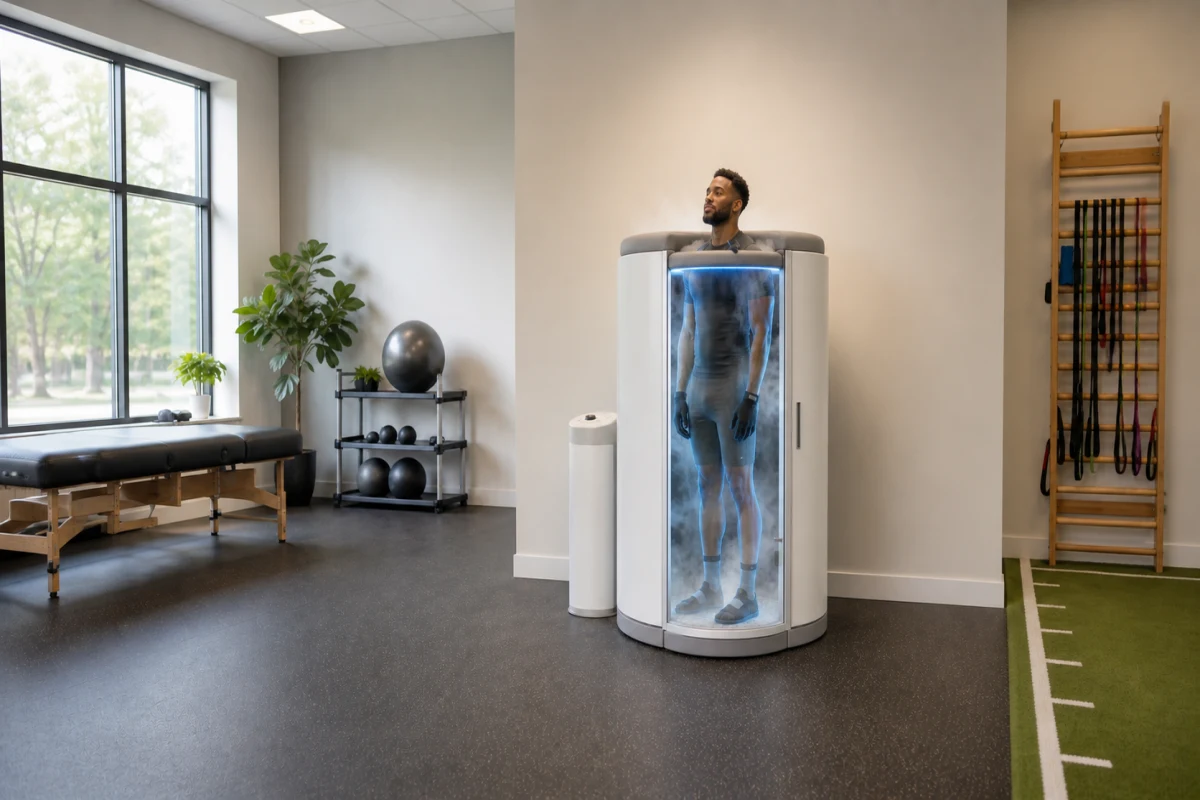 Adult using a modern cryotherapy chamber in a physical therapy office with cold air circulating around the body