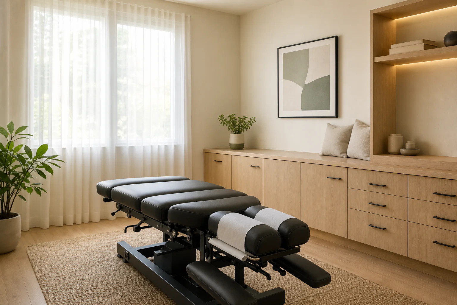 Bright, modern chiropractic treatment room representing the fictional Summit Chiropractic practice