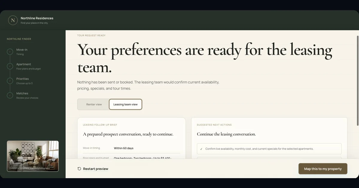 Full luxury leasing concierge interface showing completed discovery, tour preferences, and the leasing-team follow-up brief