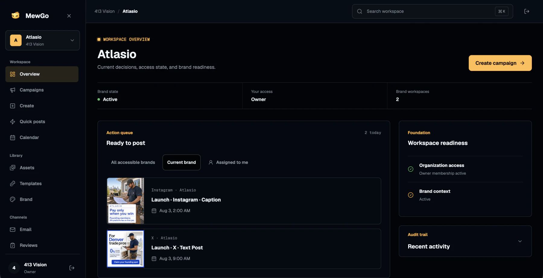 MewGo Atlasio workspace overview showing brand readiness and ready-to-post campaign items