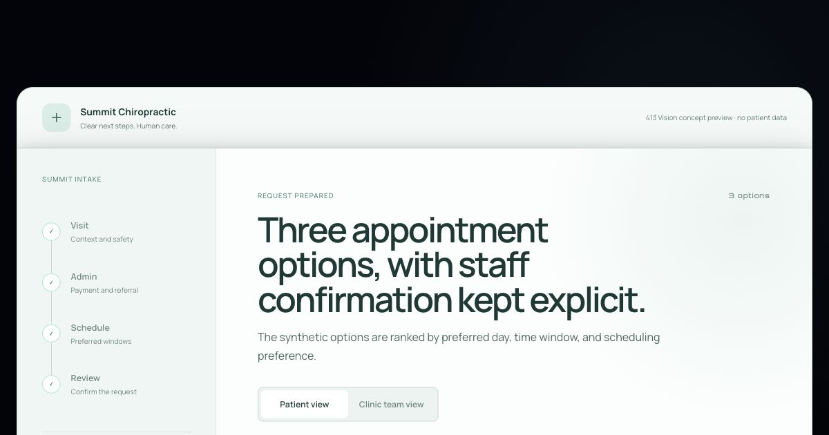 Summit Chiropractic concept showing three appointment options with staff confirmation kept explicit