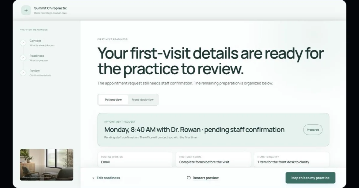 Summit Chiropractic pre-visit readiness concept with a patient summary and remaining front-desk actions