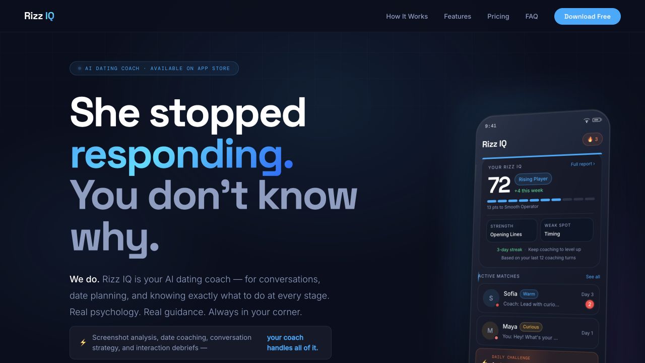 Rizz IQ website showing its AI dating coach and mobile coaching interface